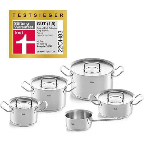 Fissler 084 128 05 000 0 Original-Profi Collection 5-Piece Stainless Steel Cooking Pot Set with Metal Lid (3 Saucepans, 1 Stewing Pan, 1 Saucepan Lidless) - Induction