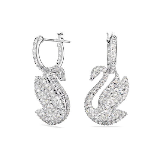 Swarovski Iconic Swan drop earrings, Swan, White, Rhodium plated 5647545