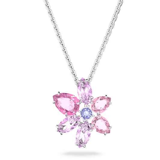 Swarovski 5662493 Gema pendant, Mixed cuts, Flower, Pink, Rhodium plated