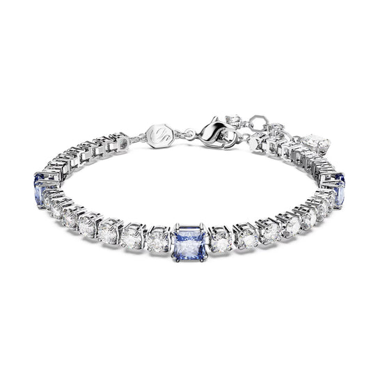 Swarovski 5666426 Matrix Tennis bracelet Various cuts, blue, rhodium plated