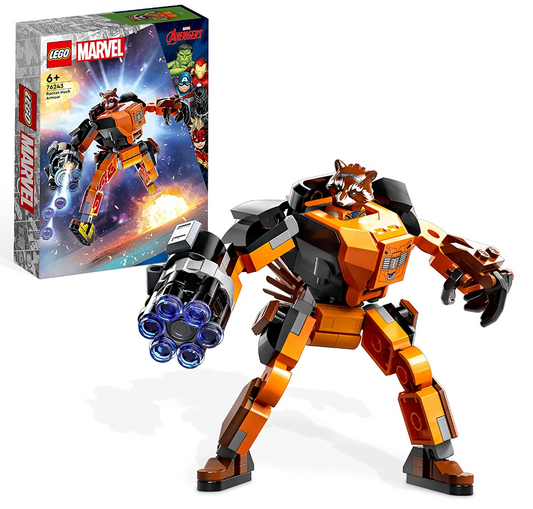 LEGO 76243 Marvel Rocket Mech, Spielzeug-Action-Figur des Waschbär Avengers aus Guardians of The Galaxy mit Sammelfiguren für Kinder ab 6 Jahren