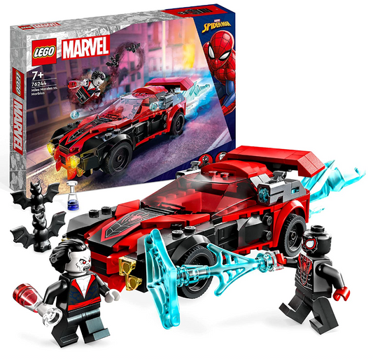 LEGO 76244 Marvel Miles Morales vs. Morbius Set, Spider-Man Rennwagen Spielzeugauto zum Bauen aus Abenteuer im Spiderverse mit Spidey Minifiguren