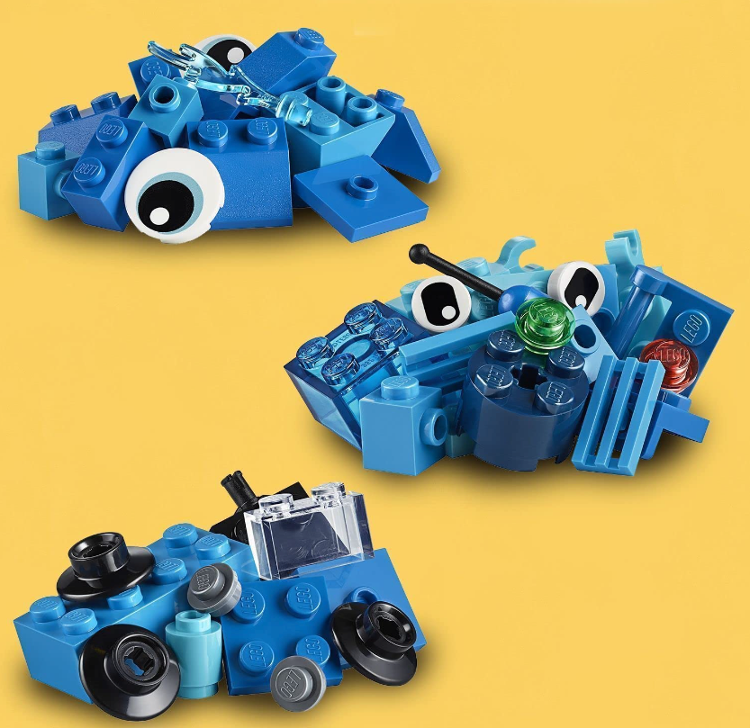 LEGO 11006 Classic Blaues Kreativ-Set, kreatives Spielzeug ab 4 Jahren mit Spielzeug-Wal, Zug, Roboter, Geschenk für Kinder Steine-Box mit Bausteinen