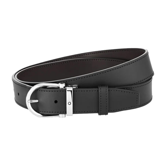 Montblanc 128783 Horseshoe Shiny Stainless Steel Pin Buckle Reversible Black&Brown Leather 35mm