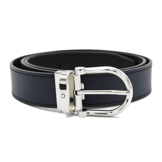 Montblanc 128784 Horseshoe Shiny Stainless Steel Pin Buckle Reversible Blue&Black Leather 35mm